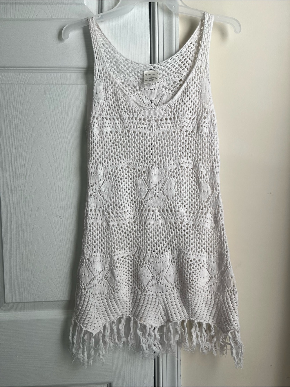 Apostrophe White Boho Crochet / Open Knit Fringe Swim Beach Cover Up Dress Small